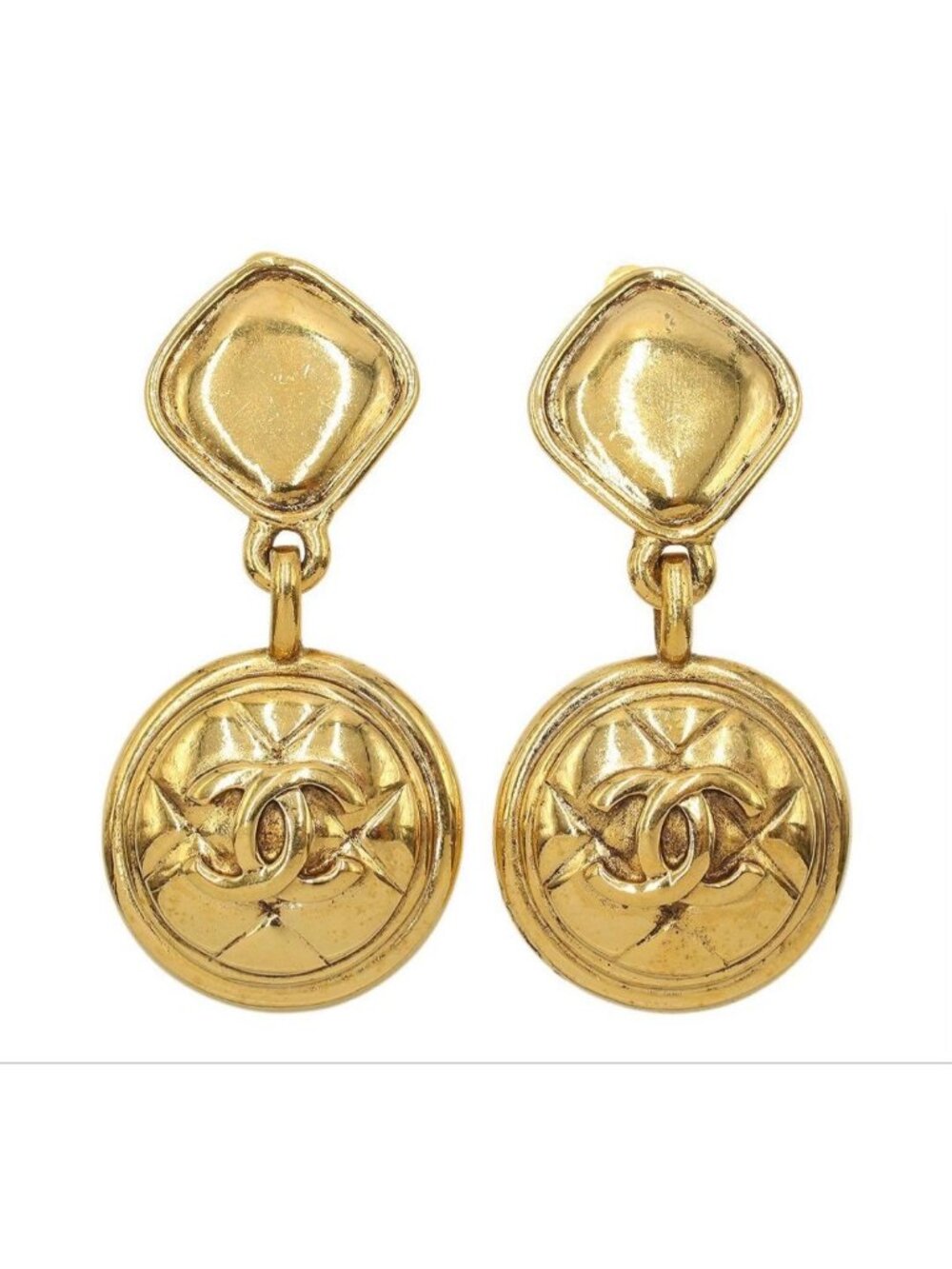 Chanel Quilted Pattern Diamond Round Swing Earrings